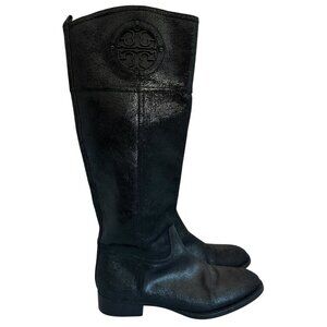Tory Burch Kiernan Black Caviar Tumbled Leather Tall Riding Boots Size 9 Women's